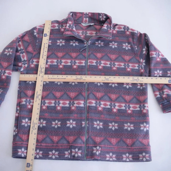 Vintage Haband Grey Pink Snowflake Fleece Festive Holiday Zip Up Sweater LG - Picture 2 of 8